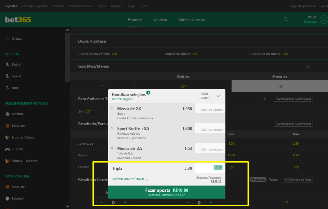 Apostas combinadas na Bet365